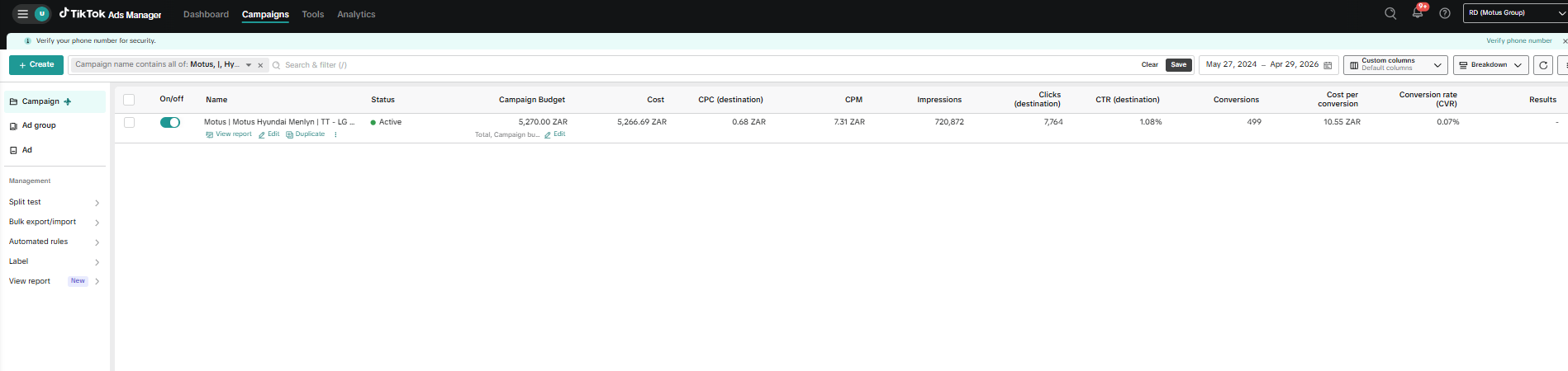 TikTok Ads Manager showing 500 leads generated at CPC 10.55